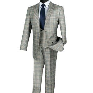 NWT Luxurious Men's 3-Pieces Glen Plaid Suit - Gray